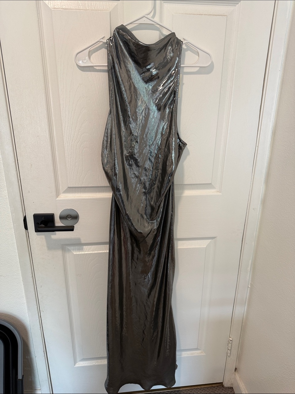 Anthropologie Metallic Silver Asymmetrical Cowl-Back Dress